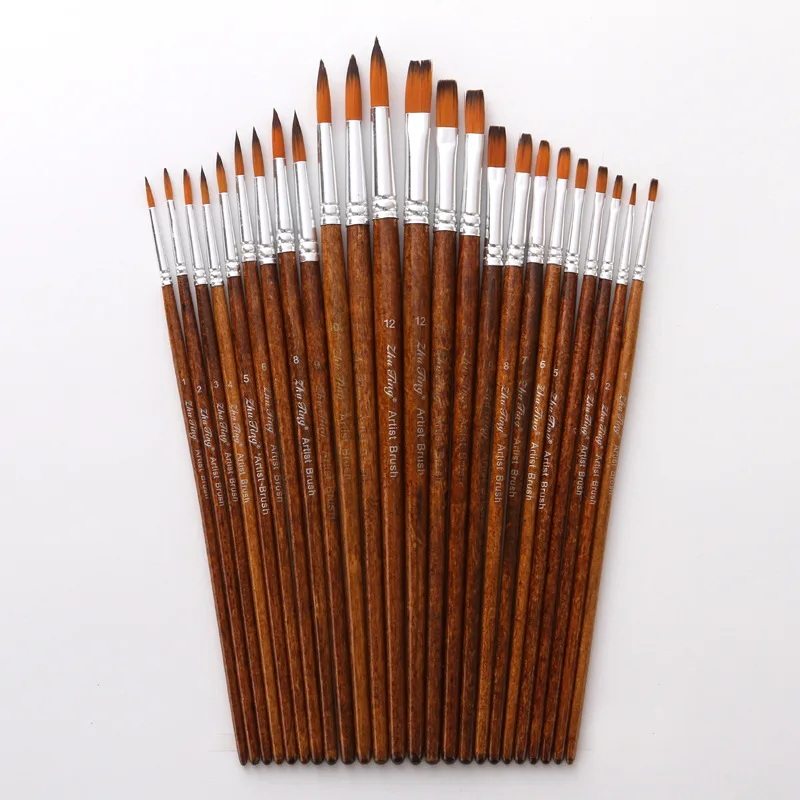 12pcs Coffee Color Nylon Hair Watercolor Paint Brush Set Different Shape Round Flat Tip Professional Painting Brush Art Supplies