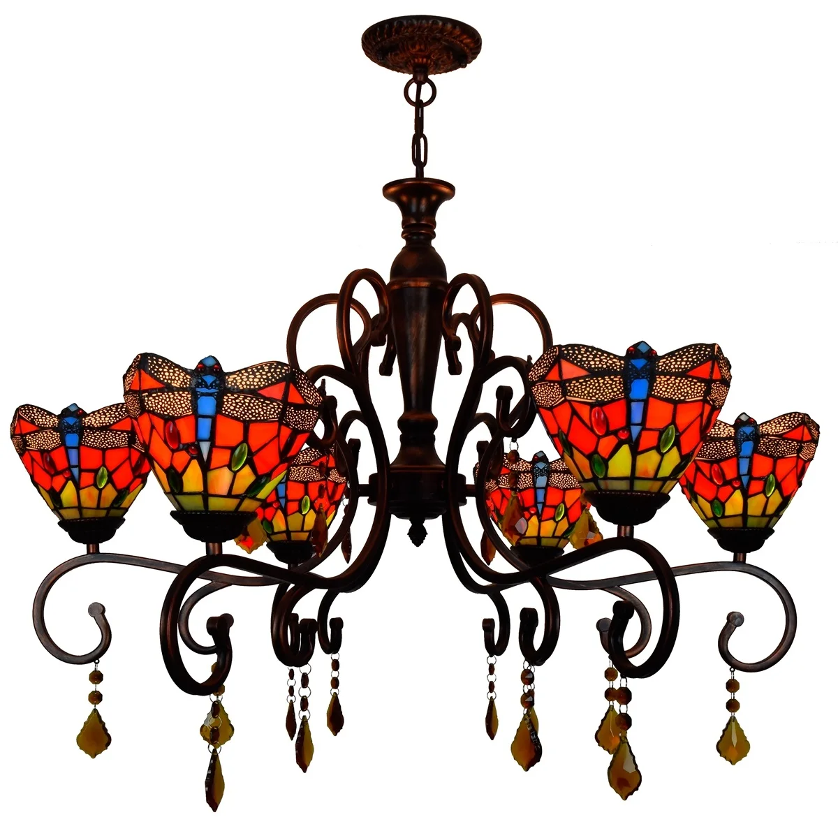 

32 " Stained glass 6 Heads Red bronze coffee stand Crystal Chandelier Red Dragonfly Lamp Colorful Glass Shades Inverted Ceiling