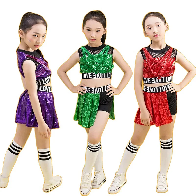 Sequin Modern Jazz Dance Costumes for Girls Dancewear Sparkling Hip Hop Girl Ballroom Cheerleading Costumes Clothes Stage Wear