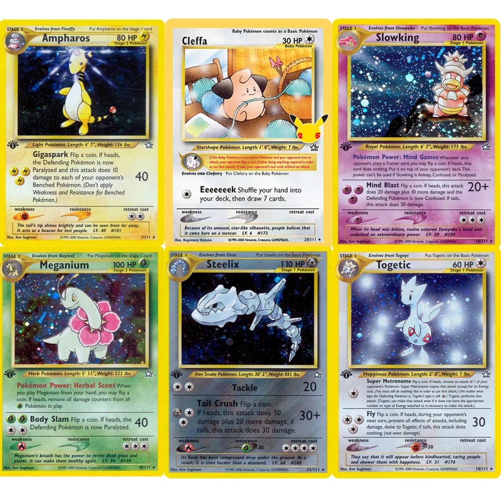 holographic-pokemon-cards-neo-series-ampharos-cleffa-meganium-azumarill