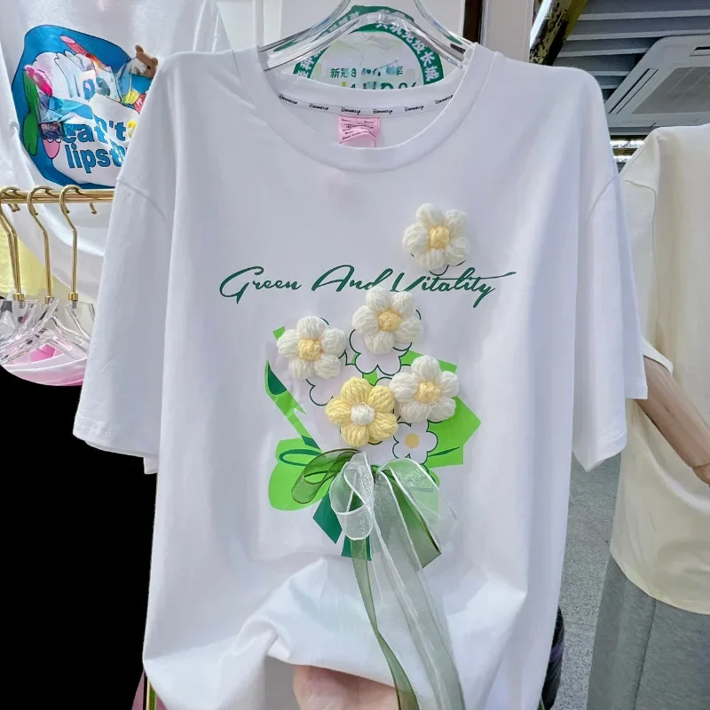 

O Neck Short Sleeve Sweet Kawaii Cute Tees Fashion Streetwear Loose Casual Tops Stereo 3D Floral Bowknot Chic Women T-shirts