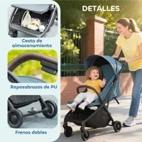 Poussette pliable Pawhut avec dossier inclinable, repose-pieds réglable, capote, harnais 5 points, capacité de charge 15 kg, bleu foncé 5