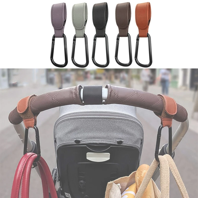 

Convenient Baby Stroller Hooks Clips Stroller Accessories Aluminum Alloy Carabiner for Hanging Diaper Bags PU Leather