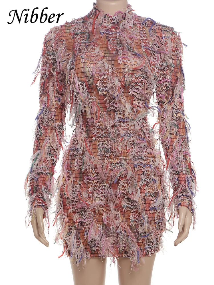 Nibber Crochet Dress Women See Through Sexy Chic Colorful Tassel Autumn New Trend Tight Full Sleeve Midnight Clubwear Bodycon