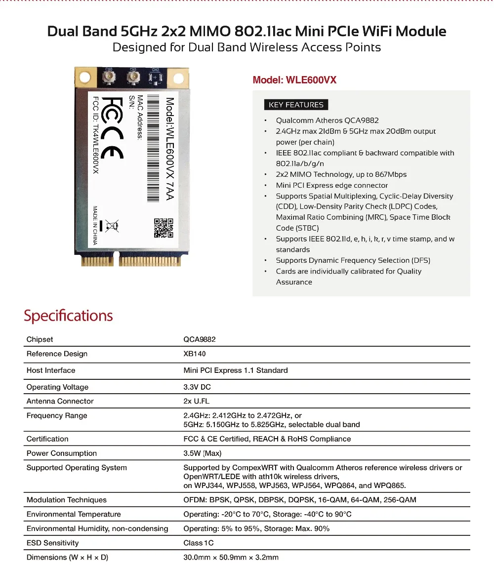 WLE600VX 7AA I-TEMP MINI PCIE QCA9882 WIFI 모듈 MIMO 802.11ac 산업용 등급 무선 네트워크 카드