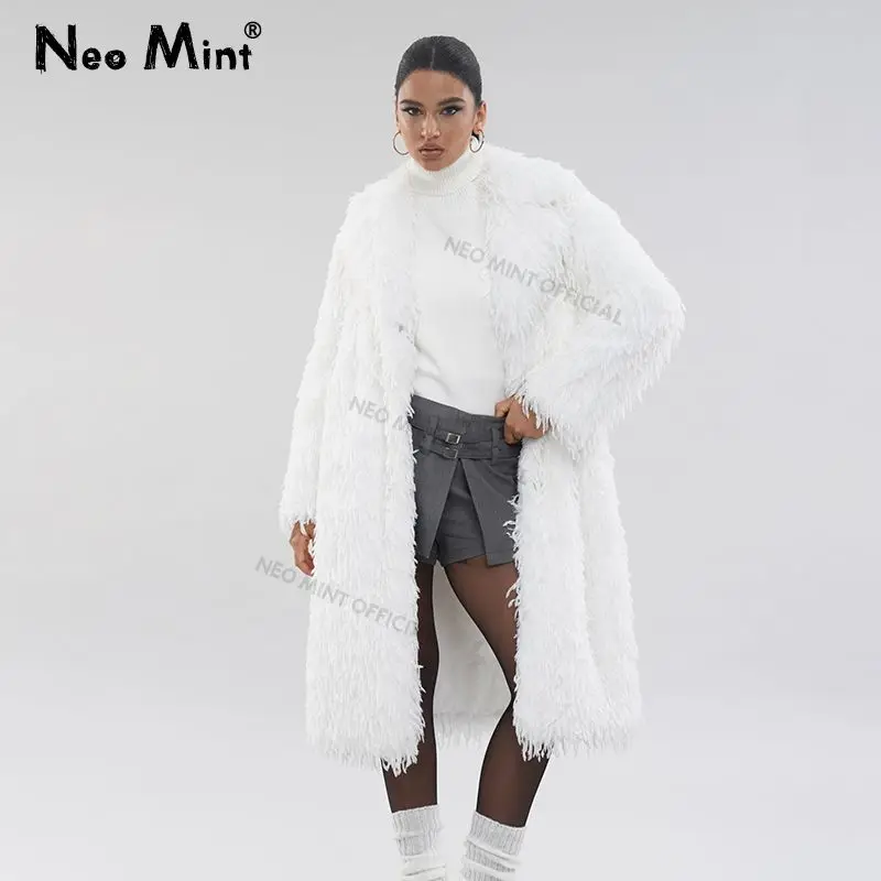 High Street Feathers Eco Fur Coat Women Winter Lapel Faux Fox Fur Jacket Solid Long Fluffy Fur Overcoat Female