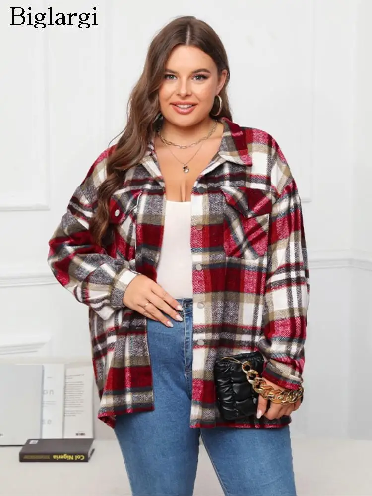 

Plus Size Autumn Wool Plaid Striped Print Shirt Coat Women Loose Casual Long Sleeve Ladies Jackets Modis Woman Jackets Coat 2023