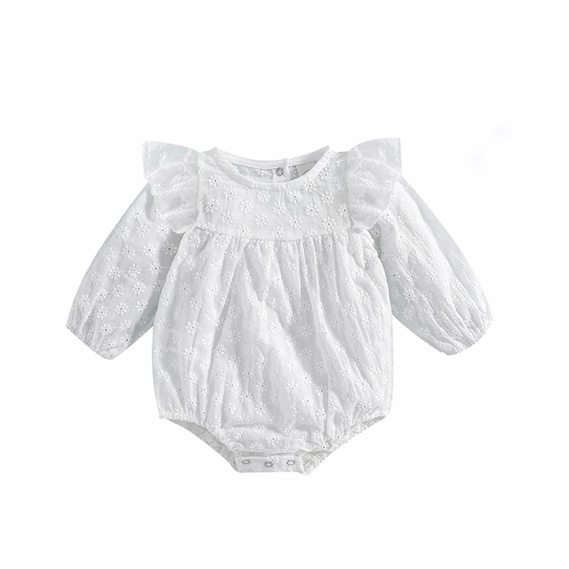 Infant Girls Romper Ruffle Long Sleeve Hollow Out Flower Embroidered Solid Color Snap Closure Jumpsuit Baby Summer clothing Baby Bodysuits are cool Baby Rompers