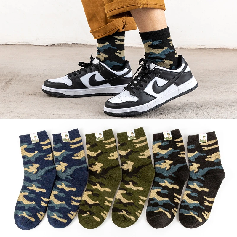 

3 Pairs Spring And Autumn Men High Quality Mid Tube Socks Camouflage Army Green Comfortable Warm Thickened Cotton Socks