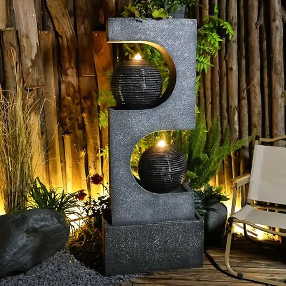 Large Outdoor Water Fountain and Waterfalls with LED Lights Sphere Garden Fountains Durable Resin Construction Tranquil Outdoor