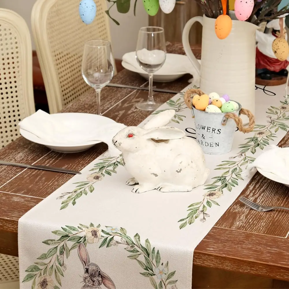 Easter Bunny Rabbit Leaf Floral Linen Table Runner Holiday Party Decor Spring Farmhouse Dining Table Runner Easter Decorations 4