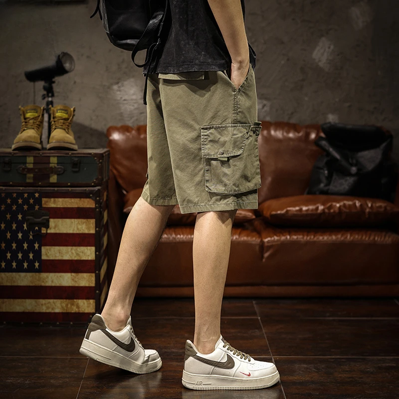 

Army green cargo shorts men's summer thin loose brand straight leg casual pants all sports five quarter pants new style