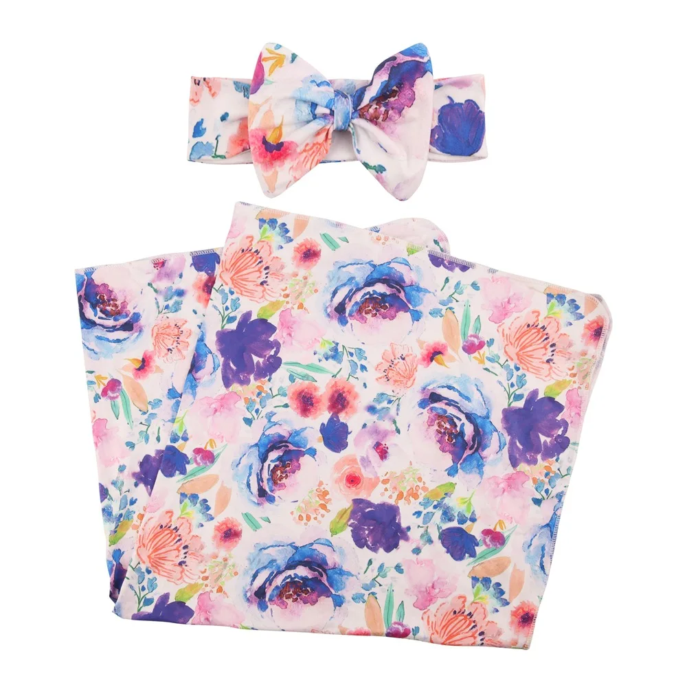 Newborn Photography Blanket Floral Printed Newborn Baby Swaddle Wrap Knotted Hat 2 Pcs Set Infant Photography Shooting Props