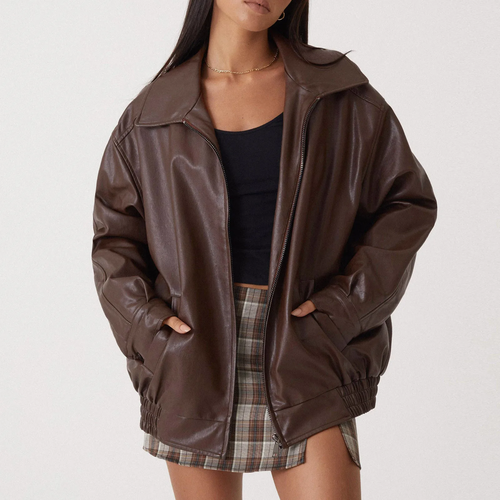 

Women's Autumn/Winter Solid Color Style PU Leather Jacket Coat Button down Long Coat