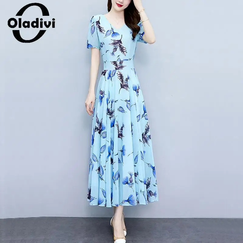 

Oladivi Large Size Women Casual Loose Fashion Printed A-Line Midi Dress 2023 Summer New Oversized Dresses Female Tunic Robe 8654