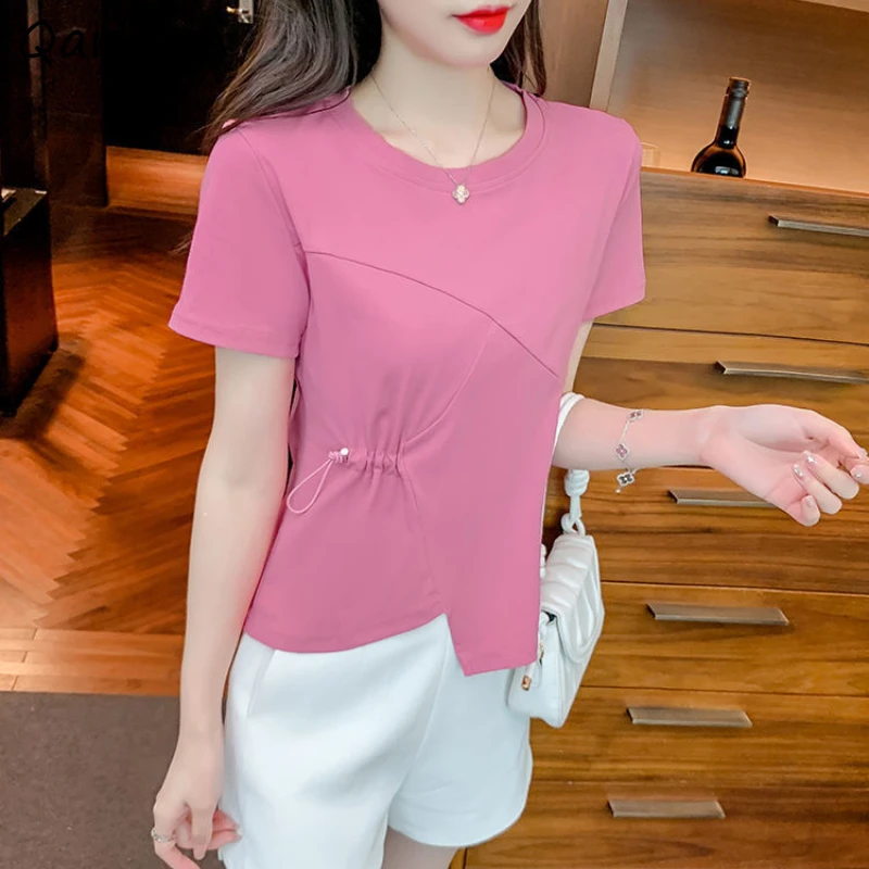 

5 Colors Short Sleeve T-shirts for Women Drawstring Pure Summer Tops Females All-match Trendy Prevalent New Arrival Korean Style