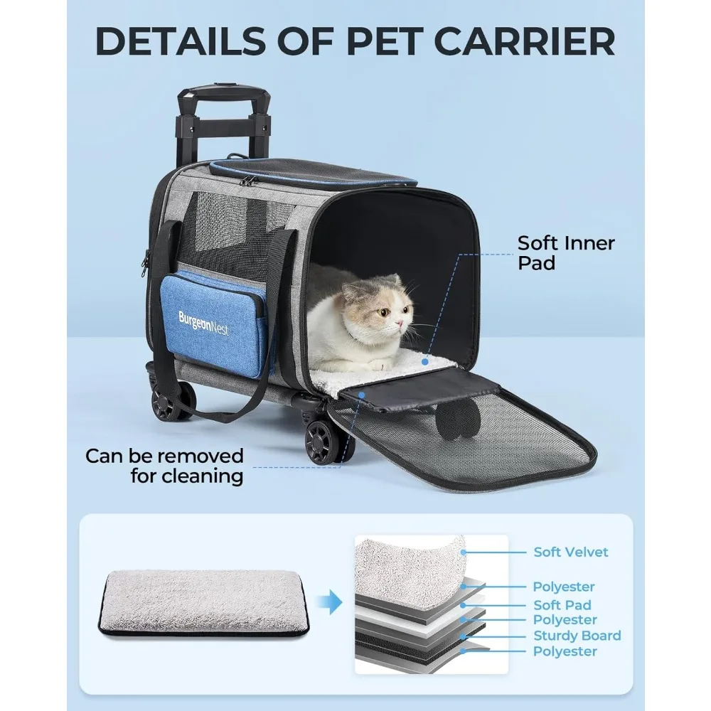 

BurgeonNest Cat Carrier with Wheels, Airline Approved Pet Carrier for Cats Dogs 15 lbs with Telescopic Handle