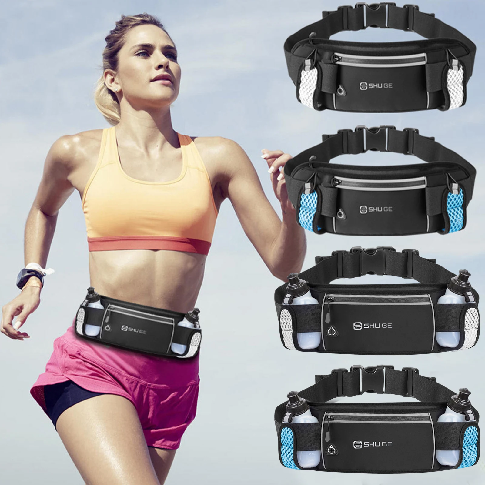 Running Belt with Bottles Waist Bag with Adjustable Strap Cycling Bag for Running Hiking Walking Cycling