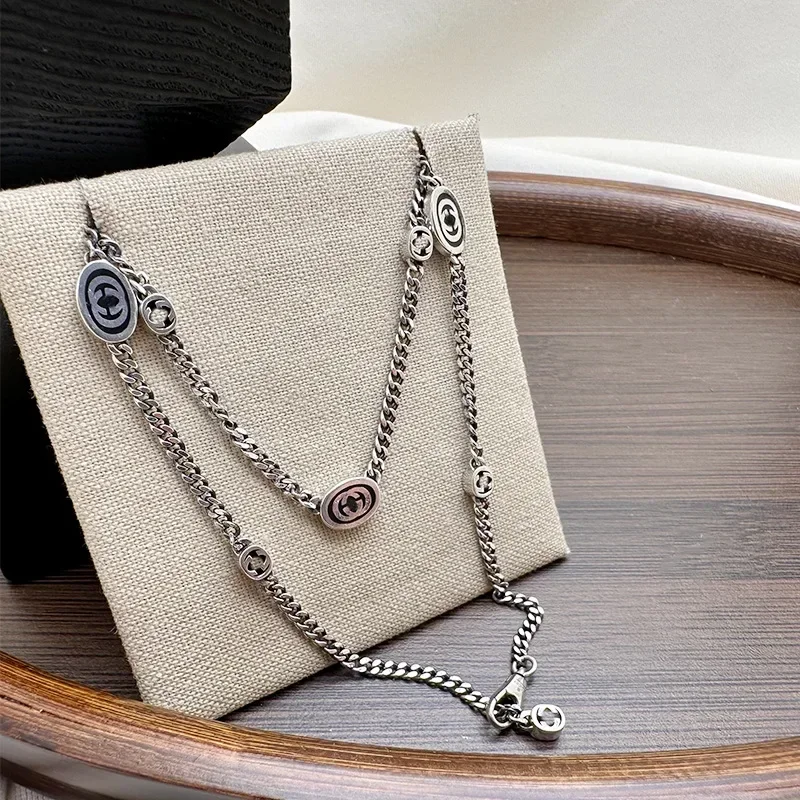 925 Vintage Black Rubber Side Chain Necklace Pendant