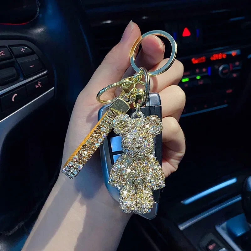 Cute Rhinestone Bear Keychain Woman Keyring for Car Key Cartoon