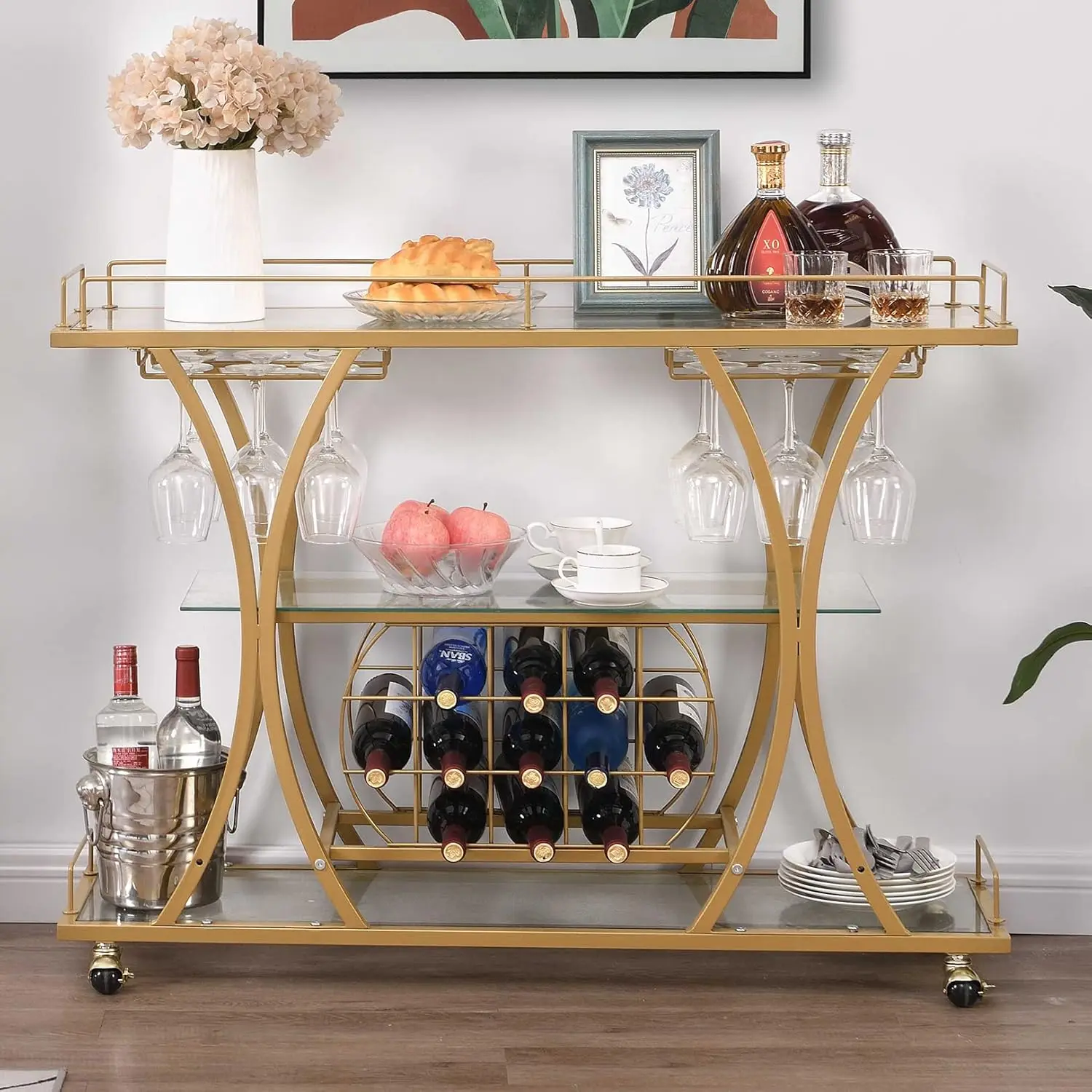 Bar Serving Cart w/ Glass Holder & Wine Rack, 3-Tier Kitchen Trolley Tempered Shelves Gold-Finished Metal Frame, Mobile for Home