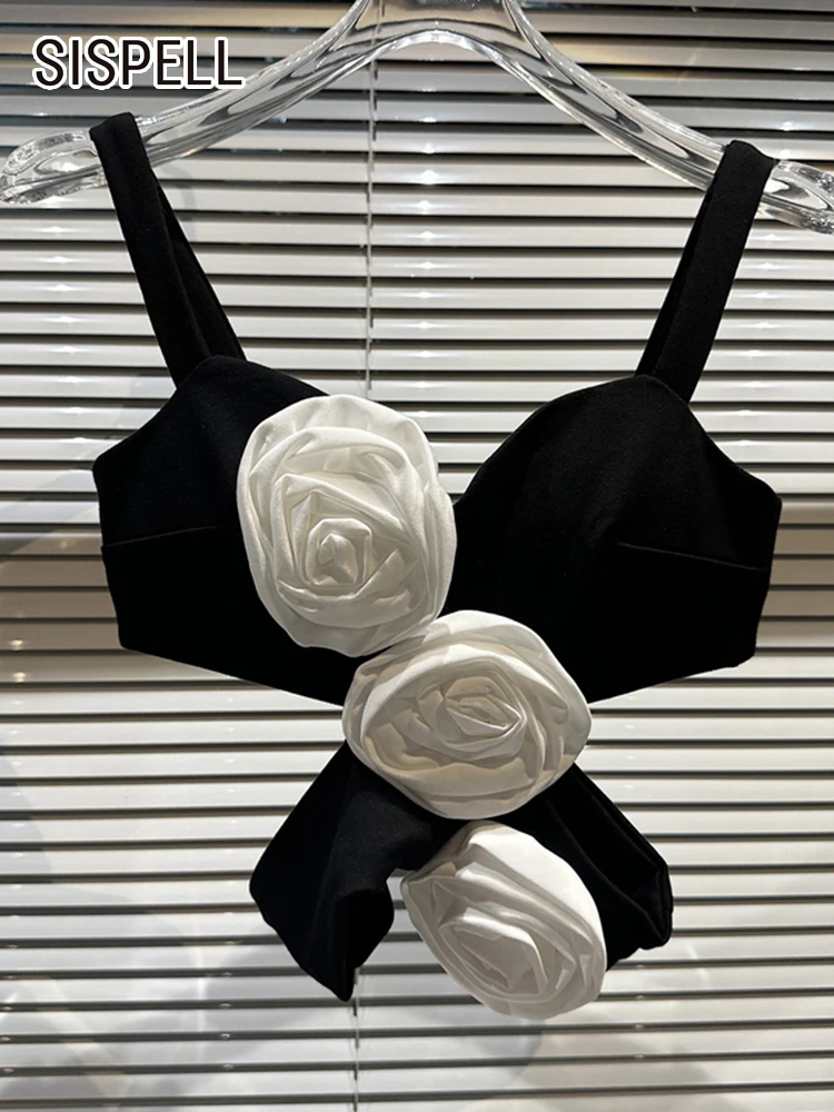 

SISPELL Sexy Hollow Out Hit Color Tank Tops For Women Square Collar Sleeveless Patchwork Florals Slim Short Vest Female 2023 New