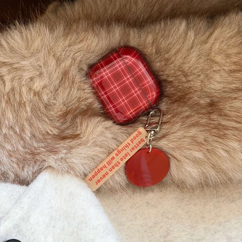 Retro Red Grid Pendant Glossy Protective Case for AirPods - Image 3