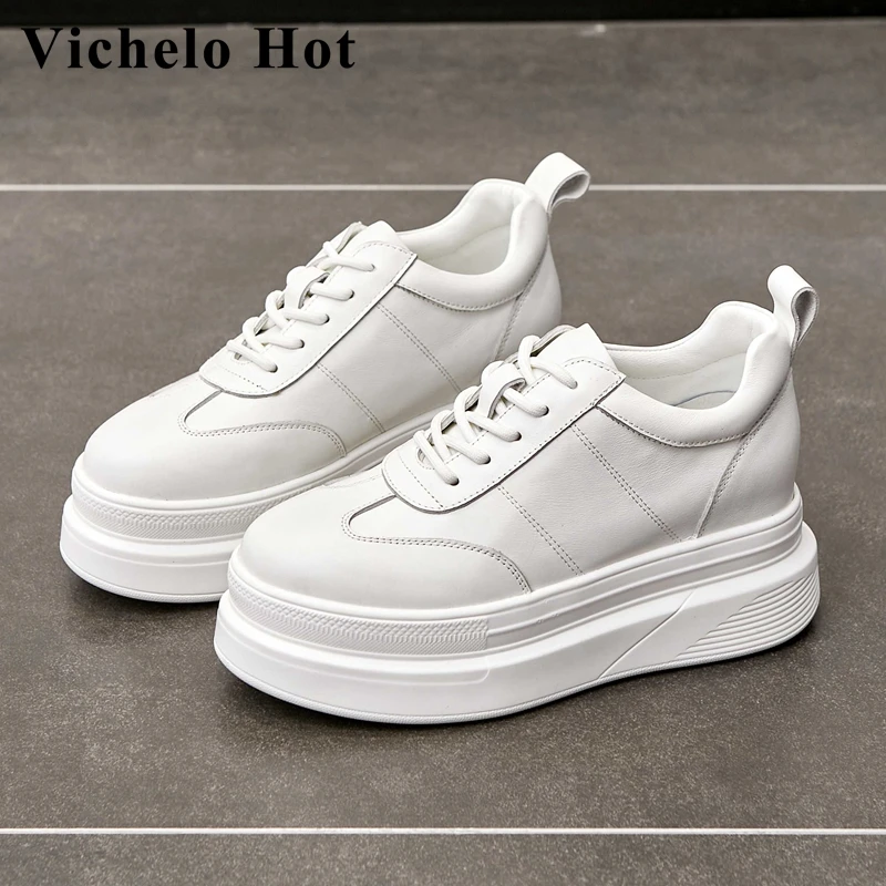 

Vichelo Hot genuine leather round toe thick bottom white sneaker young lady daily wear cross-tied casual vulcanized shoes L72