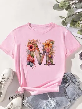 A B C D E English Alphabet Floral Print Pink T Shirt Women New Summer Female T-Shirt Harajuku Casual Tops Tshirts 1