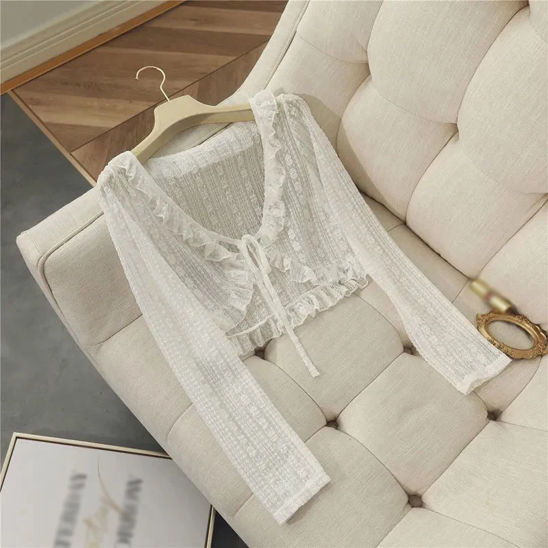 34866-091969.jpg Women Summer Sun Protection Coat Lace Bow Ruffle Cardigan Shirt Female Blouse Tops for Woman Covers Blusa White Y2K Korean Shirt - Image 1