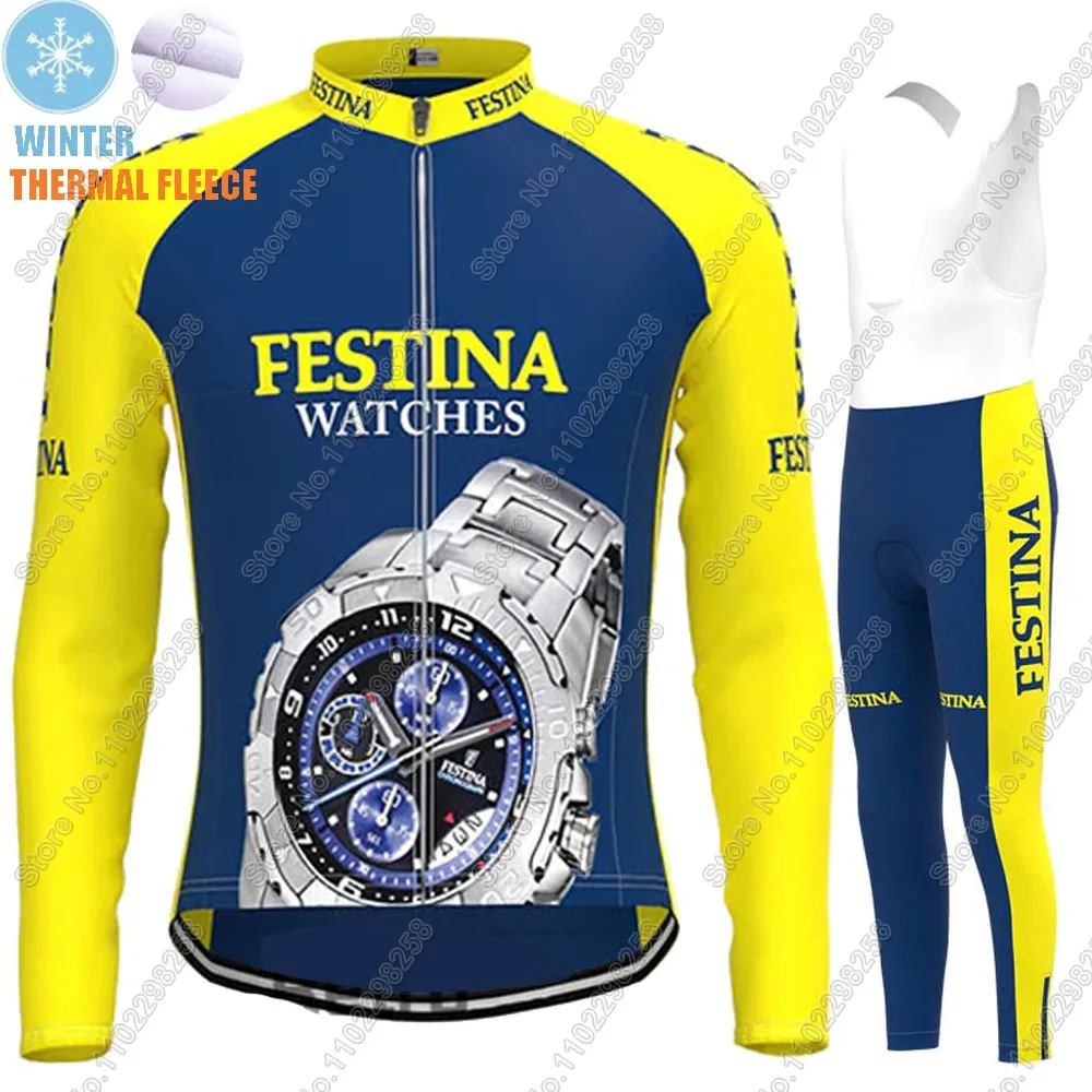 Winter Retro Cycling Jersey Set Spanish Watches Vintage Men Long Sleeve Clothing Suit MTB Bike Road Pants Bib