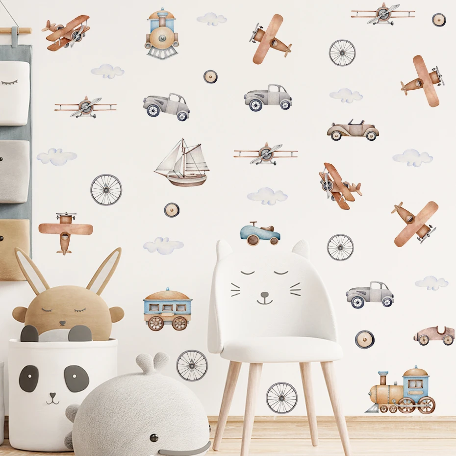 Watercolor Cartoon Airplane Train Wall Stickers Hot Air Balloon Stickers for Kids Room Nursery Decoration Wall Decals wall stickers vinyl decal stickers children room decoration