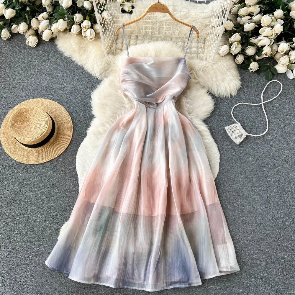 

Summer Spaghetti Strap Dress Women Square Neck Sleeveless Gradient Mesh Dresses Fashion Sweet A-line Pleated Long Skirt