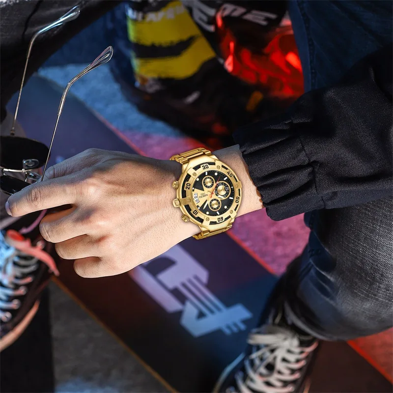 NIBOSI Brand Luxury Gold Quartz Watch for Men Sport Waterproof Stainless Steel Chronograph Wristwatch Mens Relogio Masculino