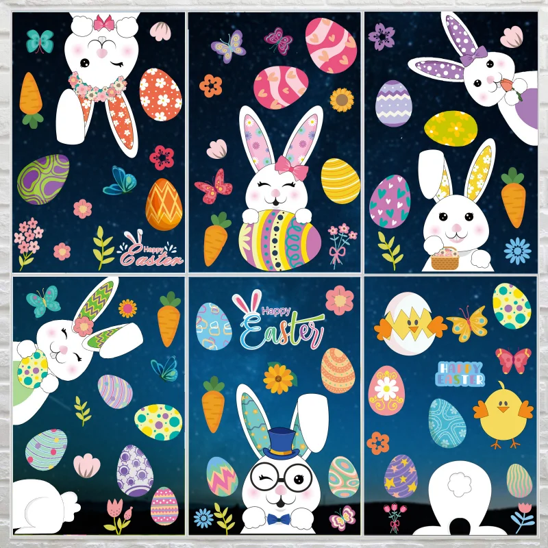 

New Happy Easter Window Stickers Rabbit Eggs Chick Wall Stickers Easter Decorations for Home 2022 Easter Party Bunny Wall Decals