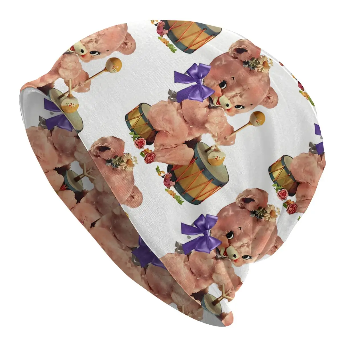 

Bonnet Hats Teddy Bear Men Women's Pink Bear Playing Drums Vintage Kitsch Transfer Thin Cap Hip Hop Skullies Beanies Caps