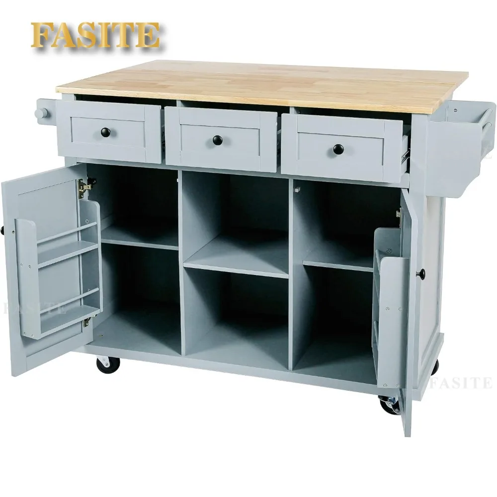 Kitchen Island with Rubber Wood Drop-Leaf Countertop, Rolling Kitchen Island Cart with 3 Drawers and Cabinet