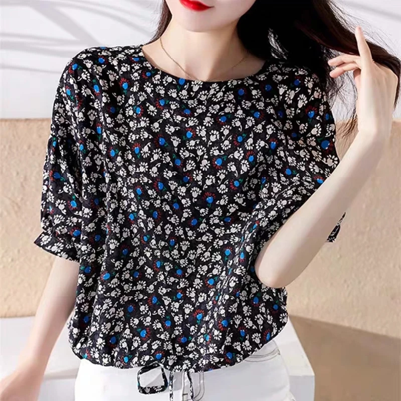 Fashion O-Neck Printed Lace Up Bow Floral Blouses Women Clothing 2024 Spring Summer New Loose Korean Tops Batwing Sleeve Shirts