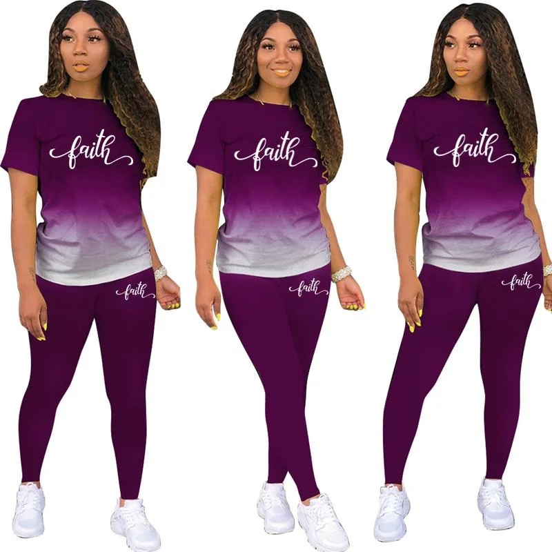 New Women's Gradient Sports FitnessSets Short Sleeve T Shirt+Pants Women's Fashion Faith Printed Tracksuit Casual Sportwear