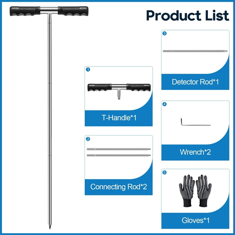 Solid Stainless Steel Soil Probe Rod, Adjustable 17-32-48 Inch, Septic Tank Probe Rod, Ground Probe With T-Handle 2
