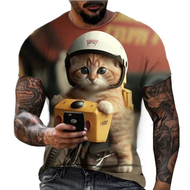 

Мужская футболка с коротким рукавом, круглым вырезом и 3D-принтом кошки, лето 2024