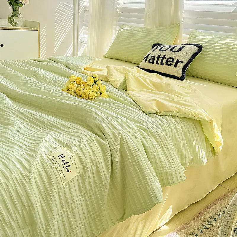 

New Korean Version of Seerseern-washed Cotton Patched-color Bed Sheet Summer Air Conditioning By Solid Color Small Fresh Bedding