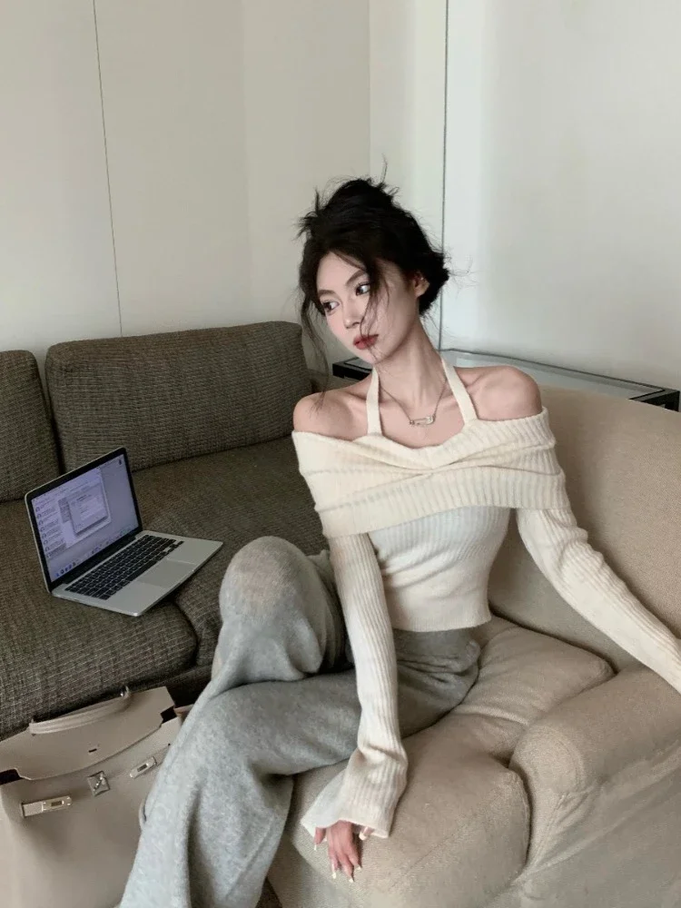 

Off Shoulder Slash Neck Halter Cropped Sweaters Women Autumn Y2k Knitted Pullovers Korean Slim Solid Casual Elegant Sueter Mujer