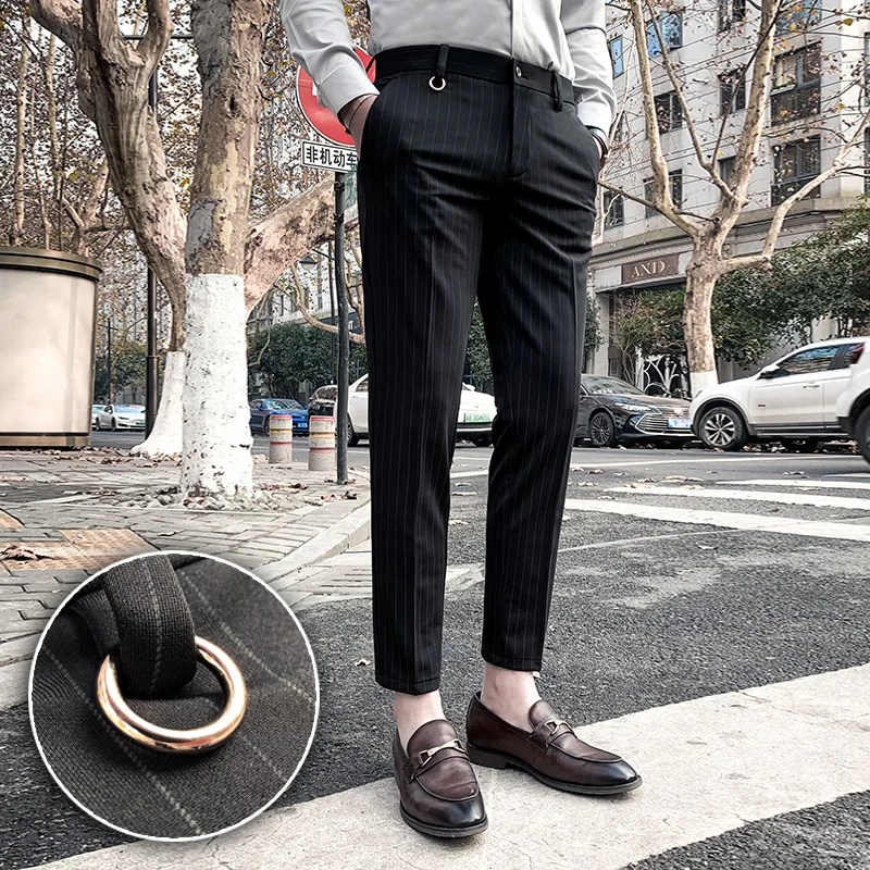 Stretch Pants Suit Pants Men Pants Men's Suit Pants Dress Pants Stretch Slim Straight Black Striped Formal Ankle Trouser
