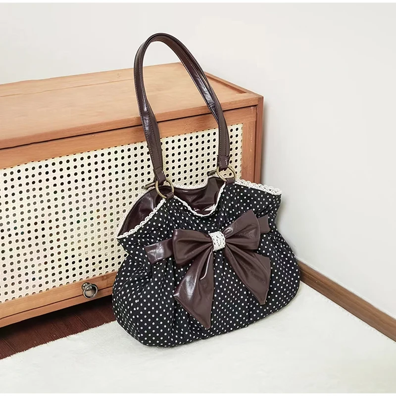 Vintage Polka Dot Bow Unterarm-Umhängetasche, japanische Retro-Damen-Einkaufstasche, Y2k-Lolita-Mädchen, leichte, mühelose, schicke Handtasche – Detail 4