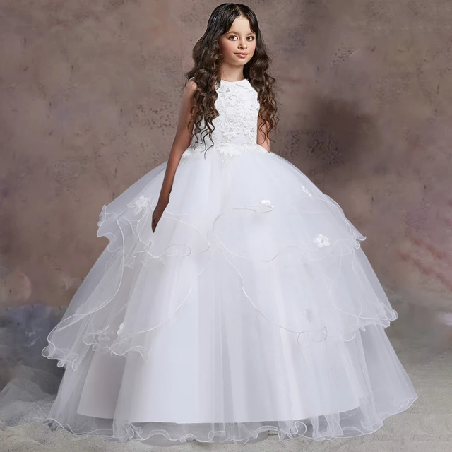 Vestidos de fiesta para niña, vestido de princesa de dama de honor, flor de tul blanco, vestido de noche de bautismo, vestido graduación, 14, 12 años _ - AliExpress