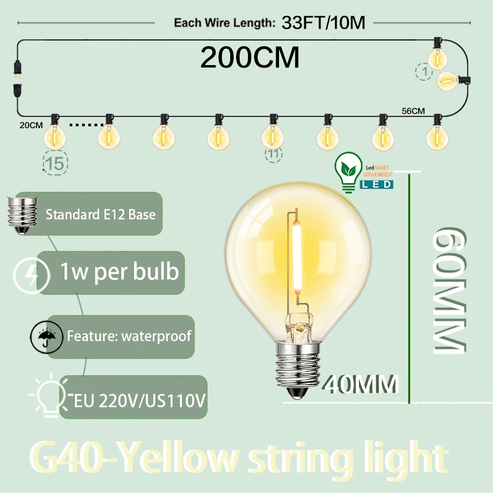 Description Picture 6 of itemPatio String Lights Colorful G40 RGB Festoon Light Chain Outdoor EU US E12 Retro Street Garland For  Garden Backyard Decoration