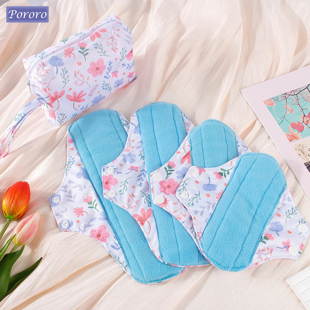Portable Sanitary Pad 4pcs/Set Reusable Washable Cloth Menstrual Pads Blue Polar Fleece Panty Liners for Women with 1pc Wet Bag