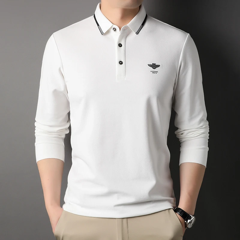 

Новинка Осенняя мужская футболка с длинным рукавом для мужчин среднего возраста Свободная Повседневная Однотонная рубашка-поло из мерсеризированного хлопка модная футболка для отца