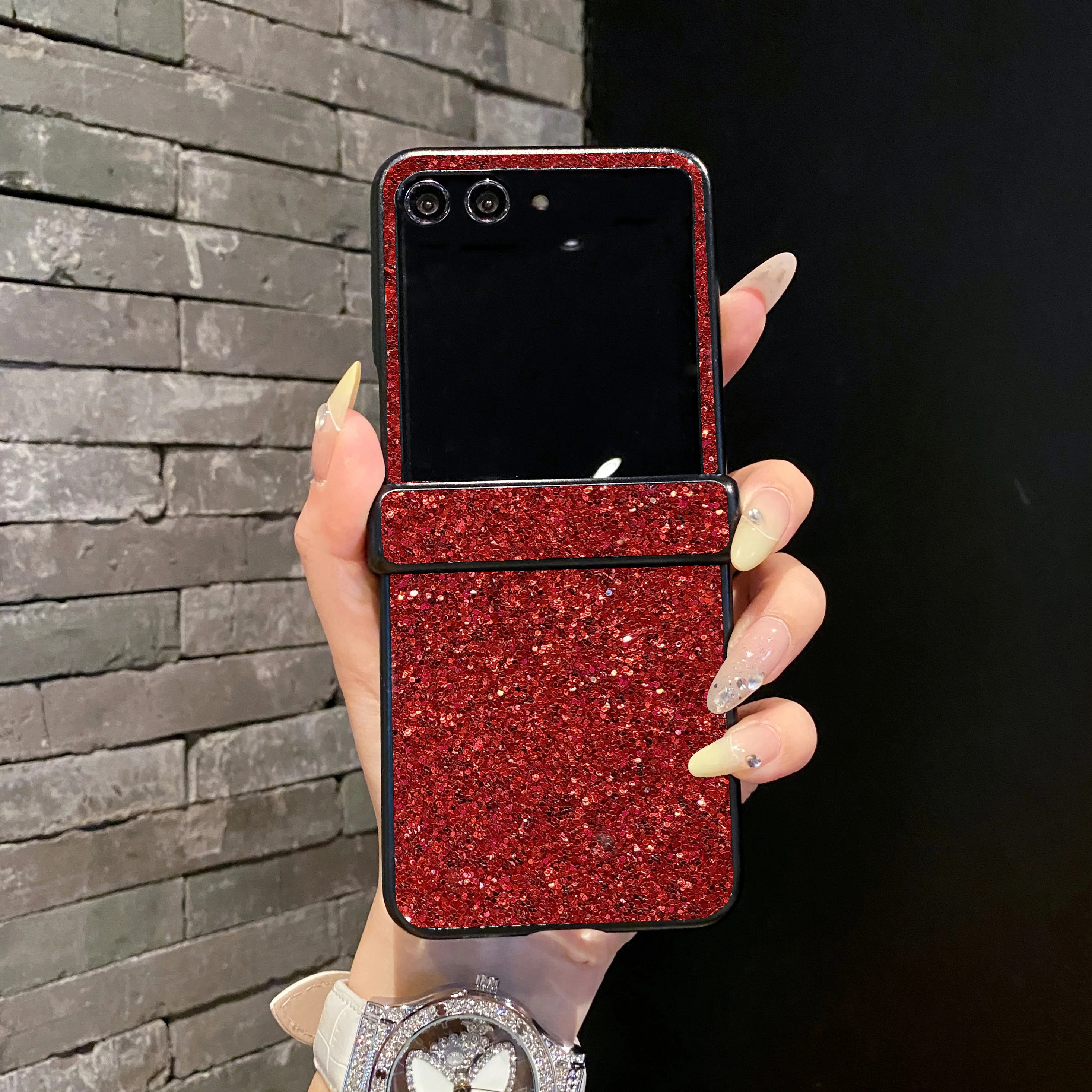 Sparkling Rhinestones Glitter Leather Phone Case with Shiny Hard PC Cover